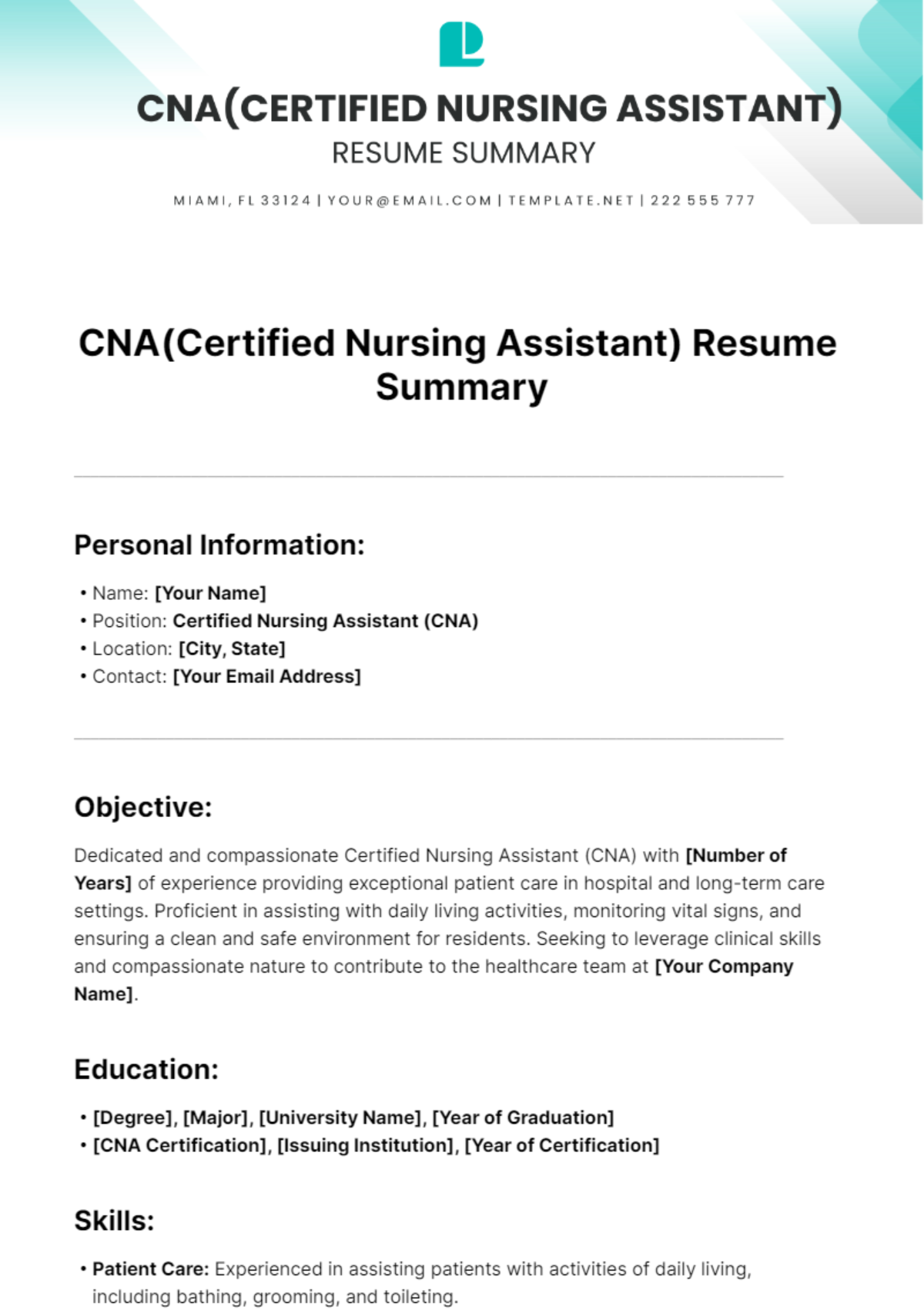 Cna(Certified Nursing Assistant) Resume Summary Template