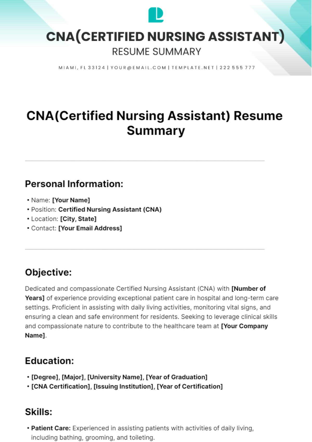 Cna(Certified Nursing Assistant) Resume Summary Template - Edit Online & Download