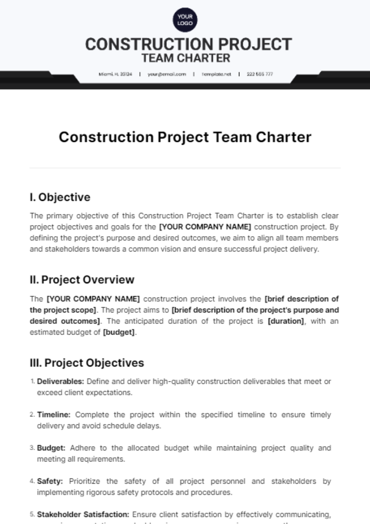 Construction Project Team Charter Template