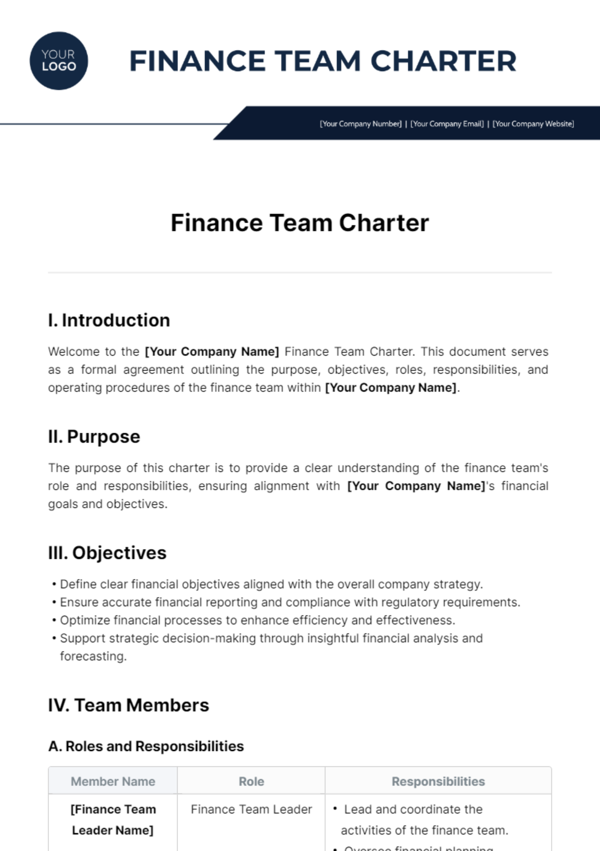 Free Finance Team Charter Template