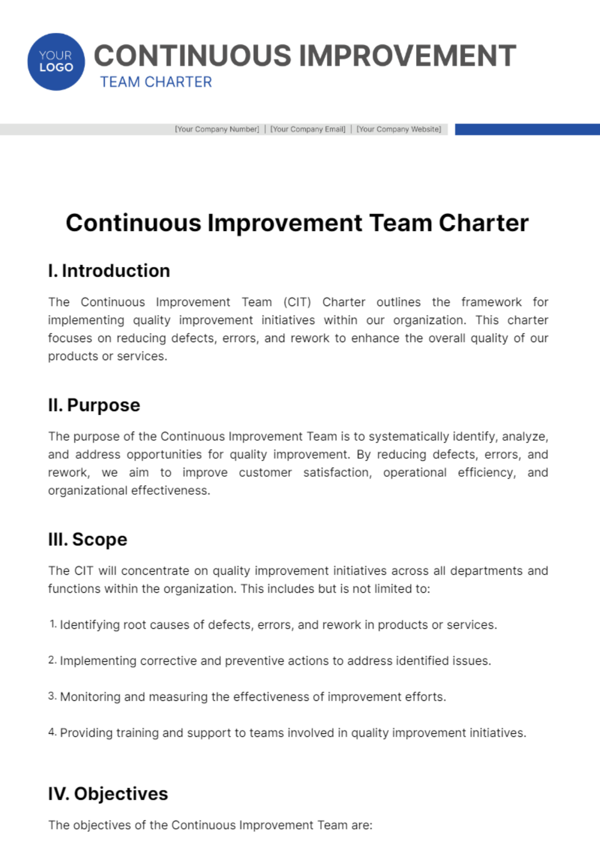 Free Continuous Improvement Team Charter Template