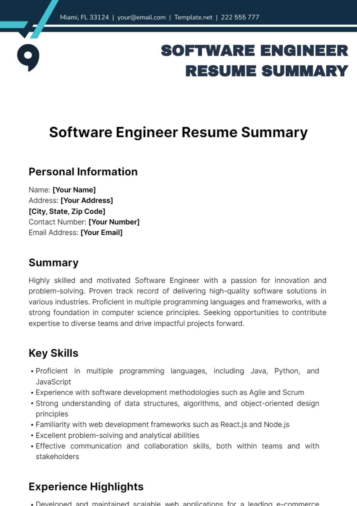 Software Engineer Resume Summary Template