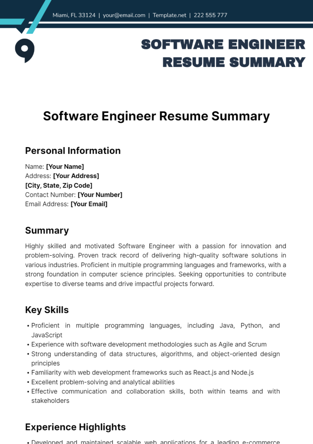 Software Engineer Resume Summary Template - Edit Online & Download