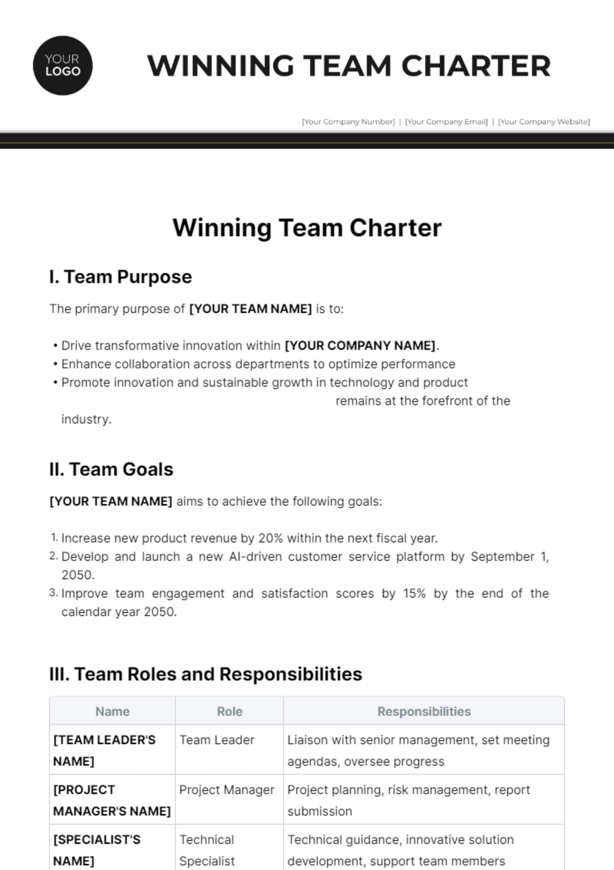 Winning Team Charter Template