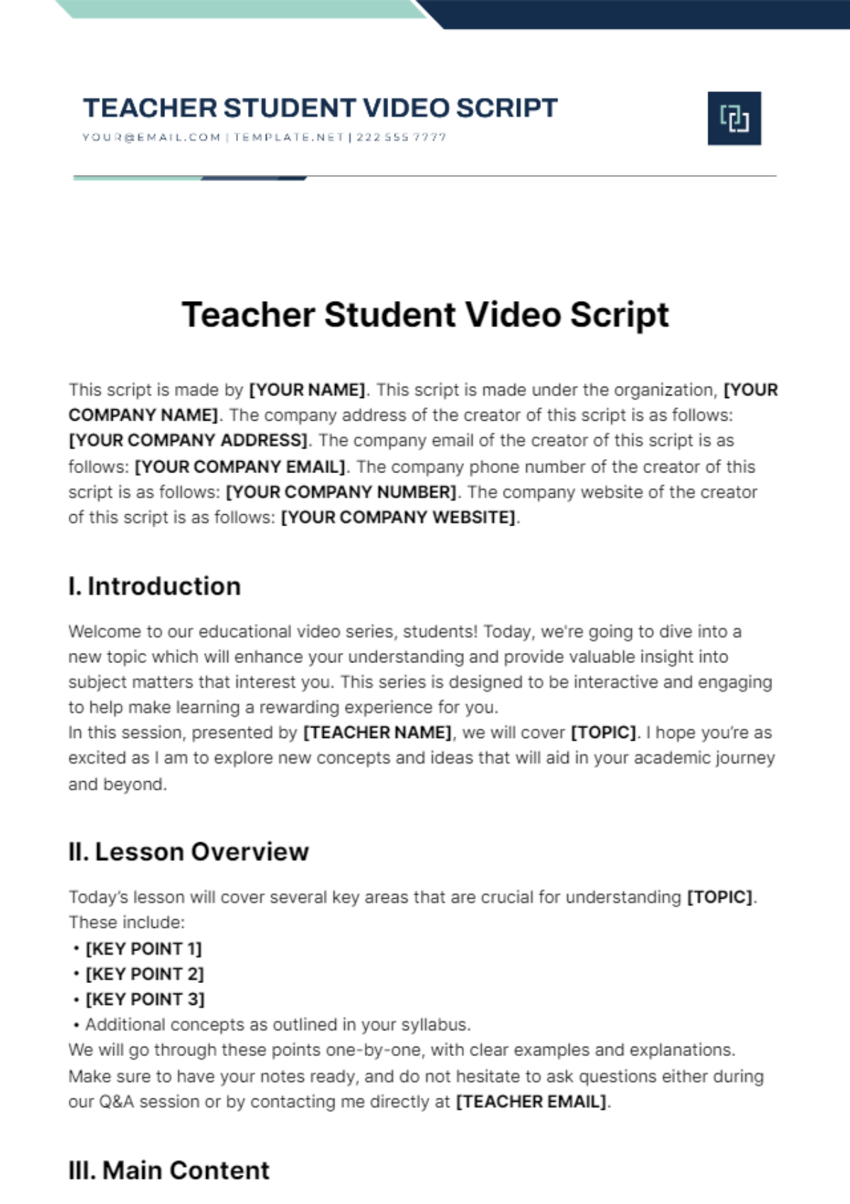 Teacher Student Video Script Template