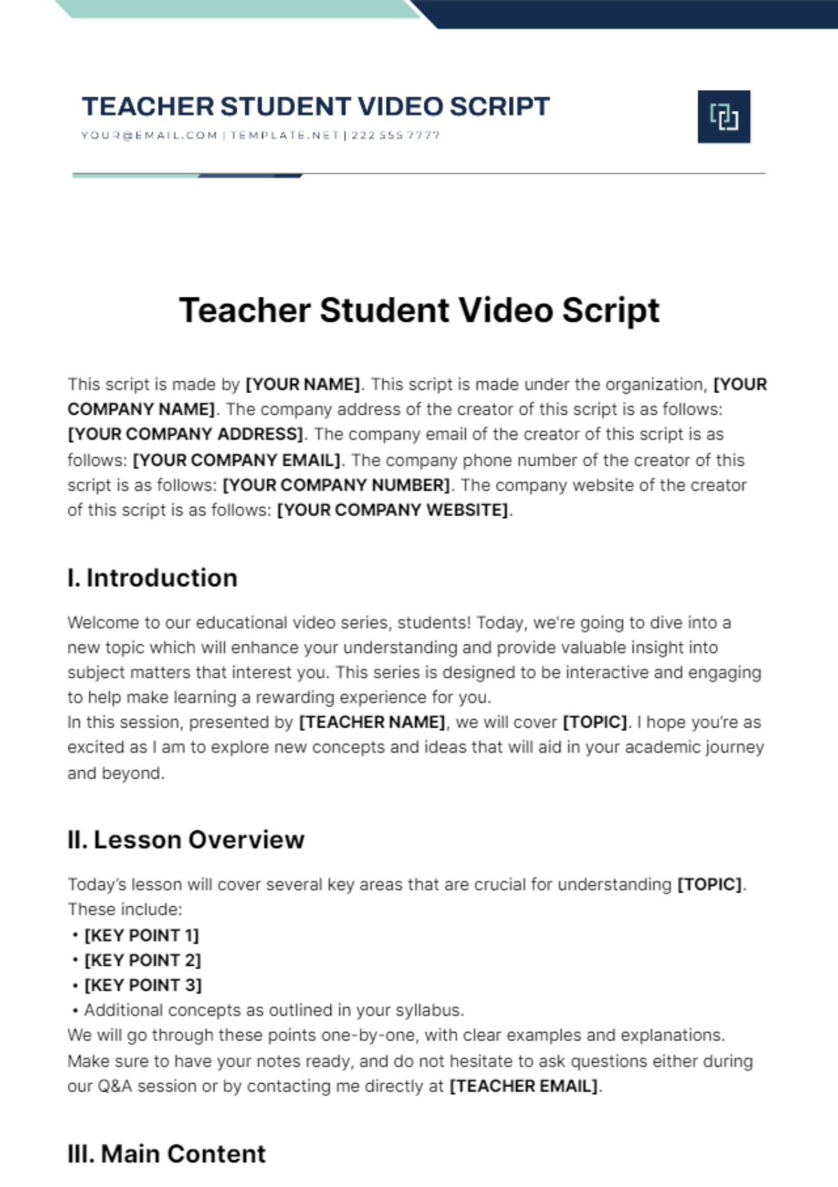 Teacher Student Video Script Template - Edit Online & Download