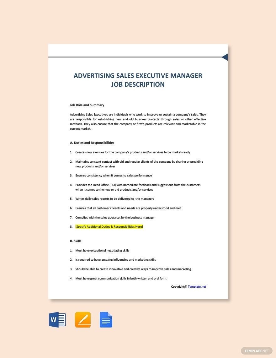 Advertising Sales Executive Manager Job Ad/Description Template