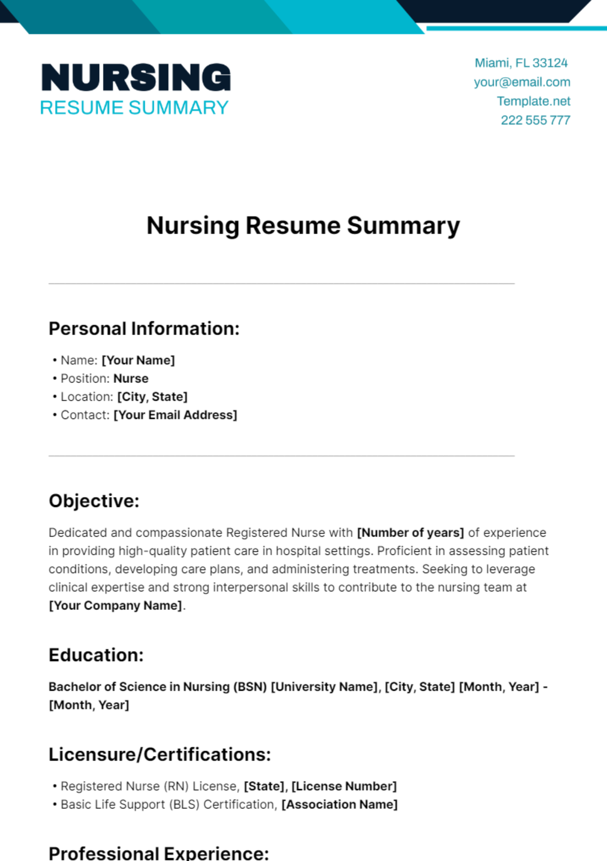 Nursing Resume Summary Template