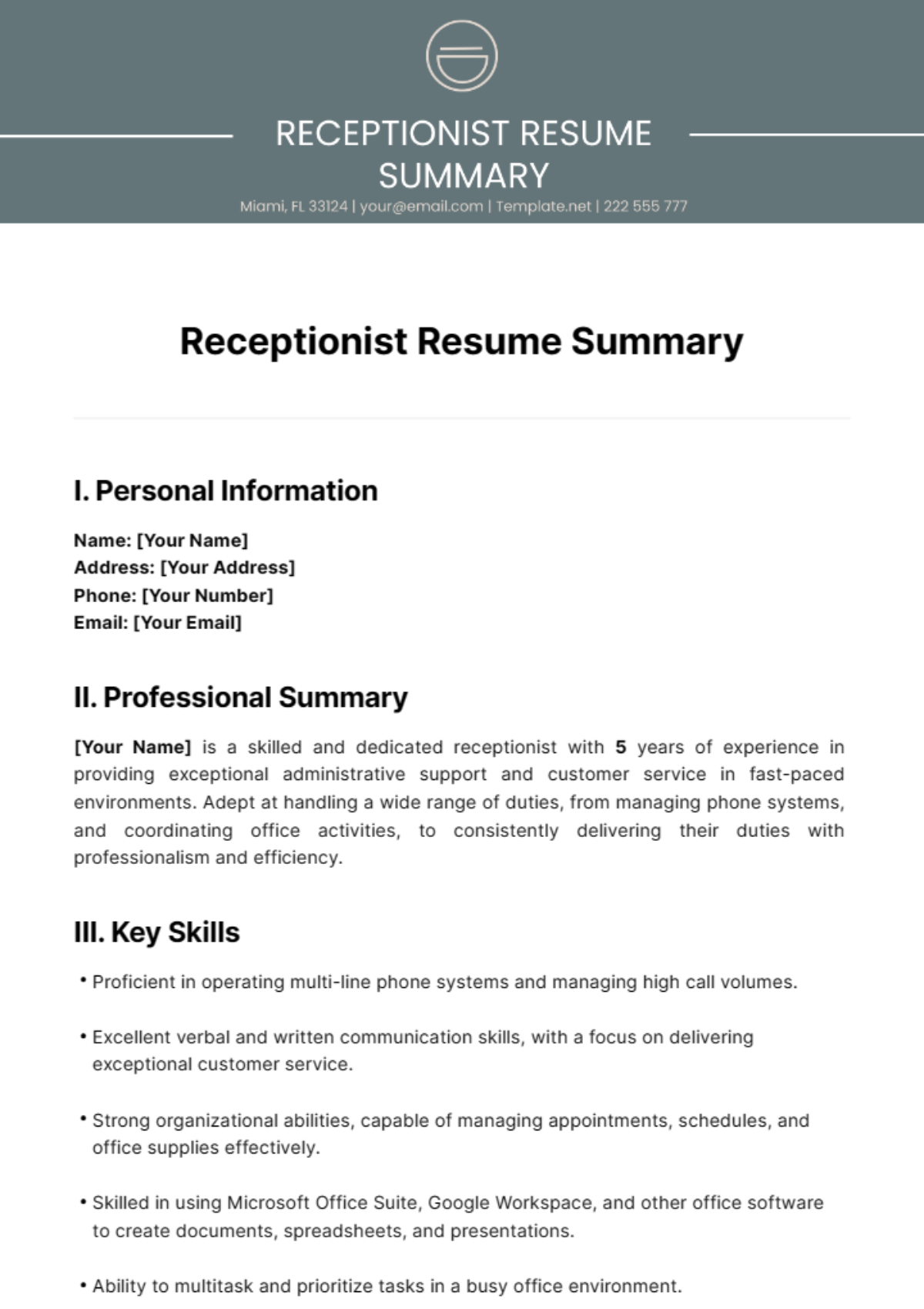 Receptionist Resume Summary Template