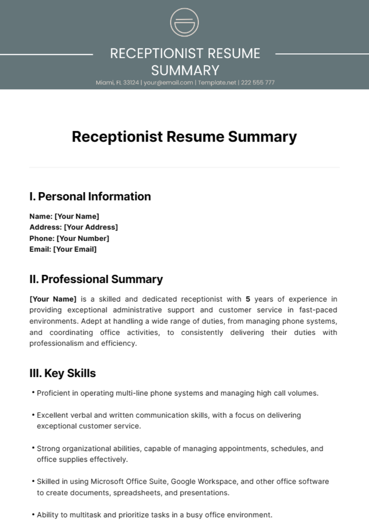 Receptionist Resume Summary Template - Edit Online & Download