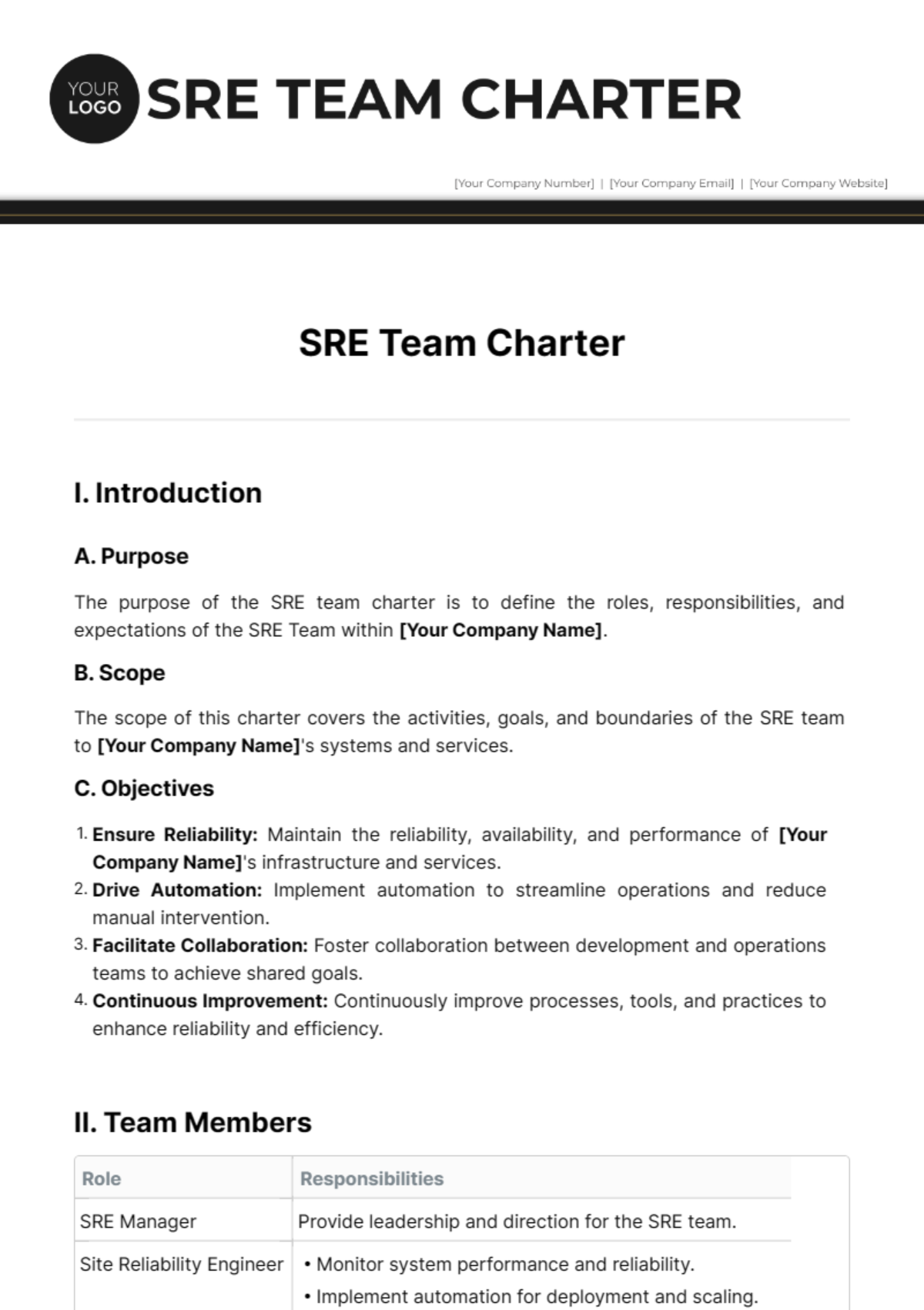 Sre Team Charter Template