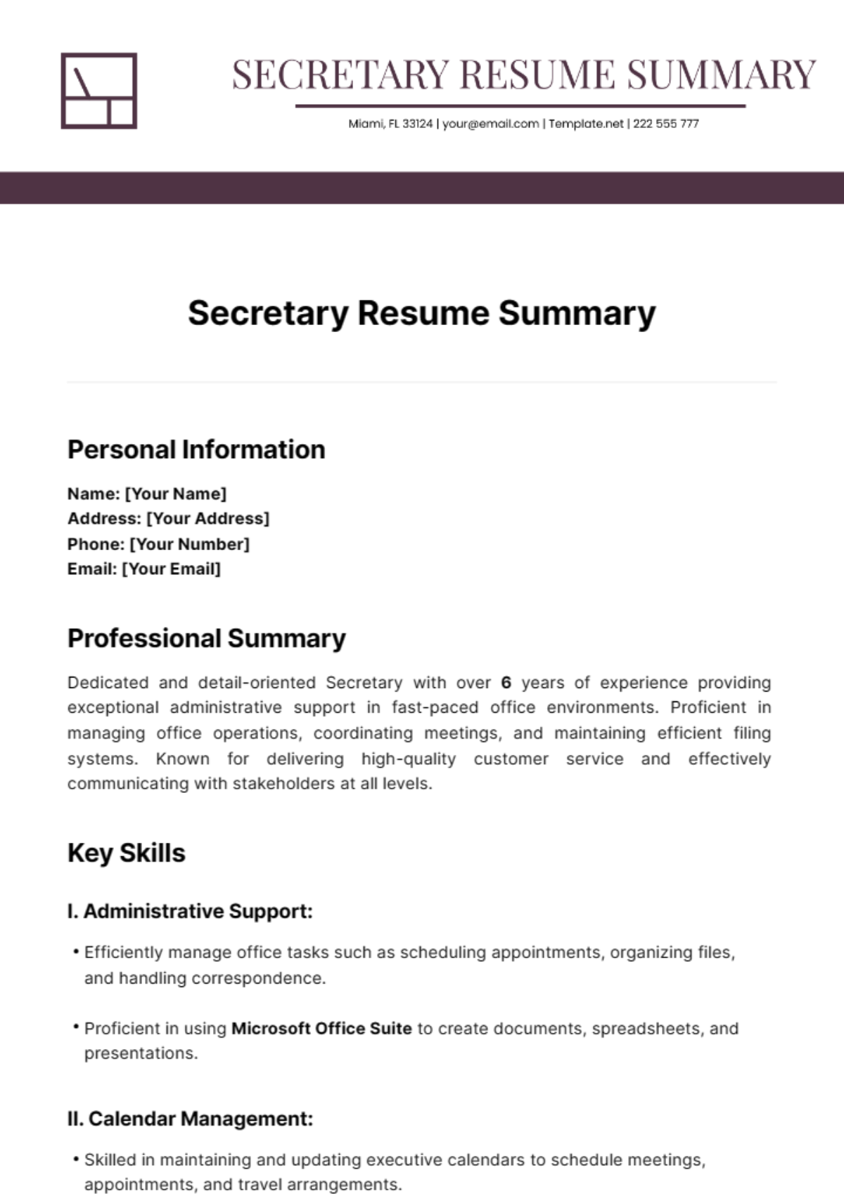 Secretary Resume Summary Template
