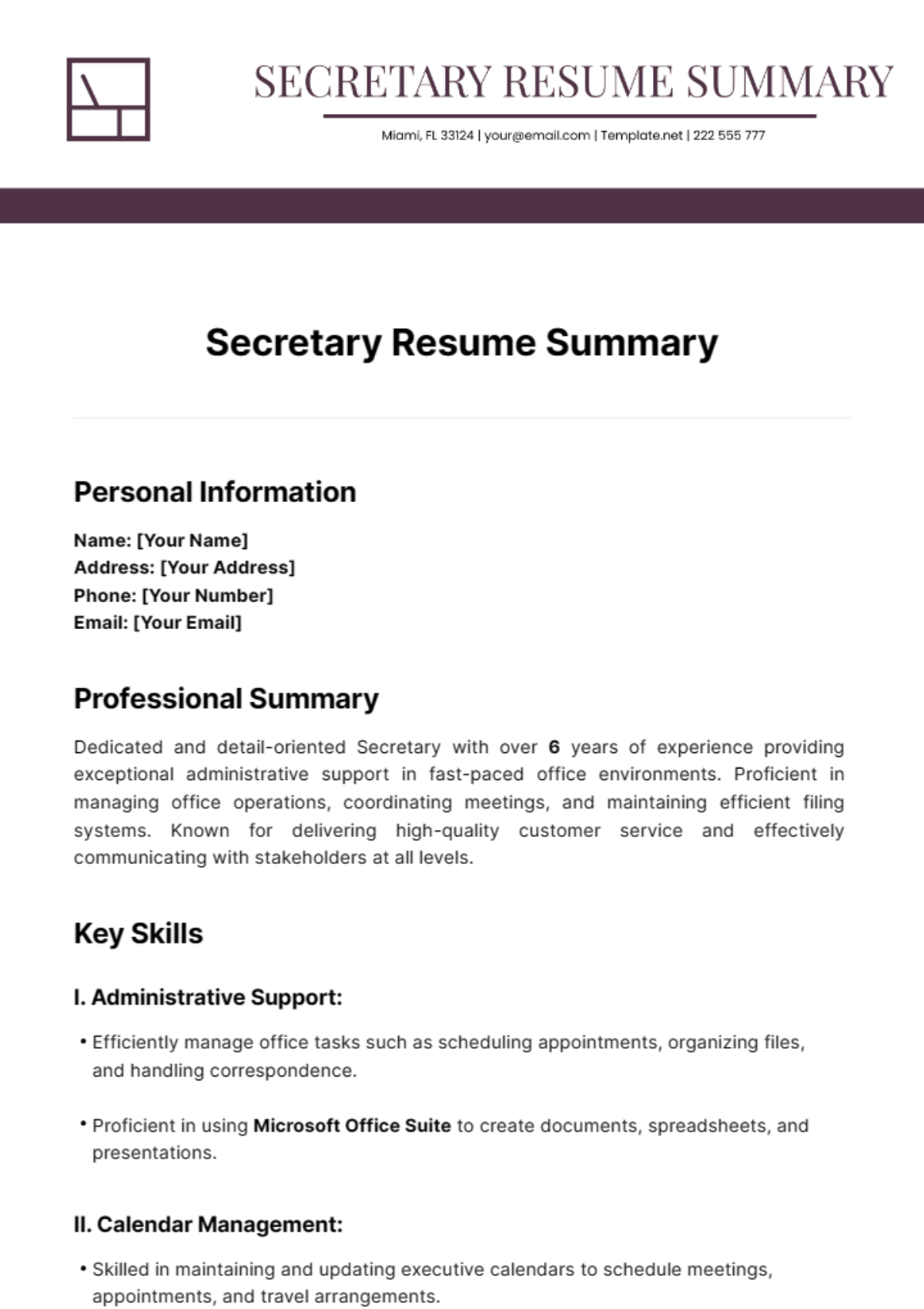 Secretary Resume Summary Template - Edit Online & Download