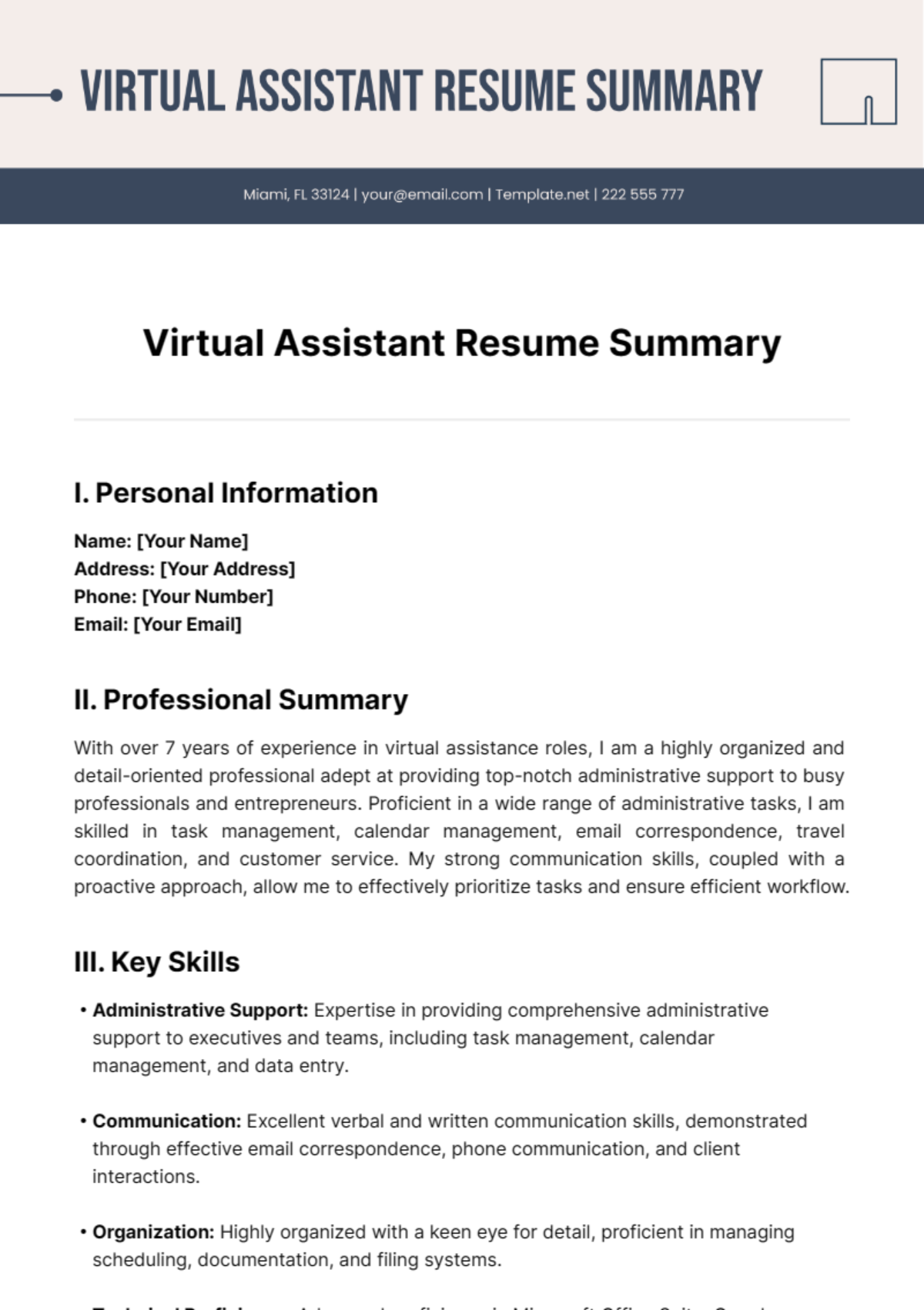 Virtual Assistant Resume Summary Template