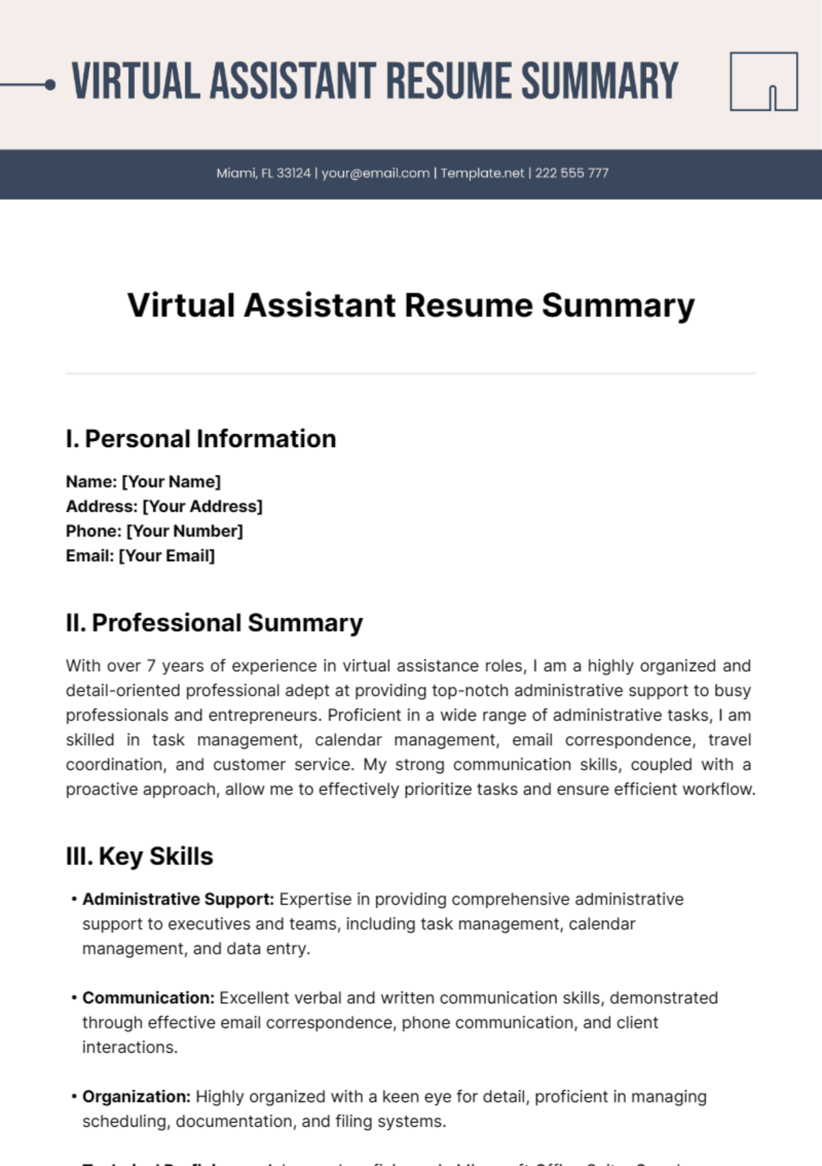 Virtual Assistant Resume Summary Template - Edit Online & Download