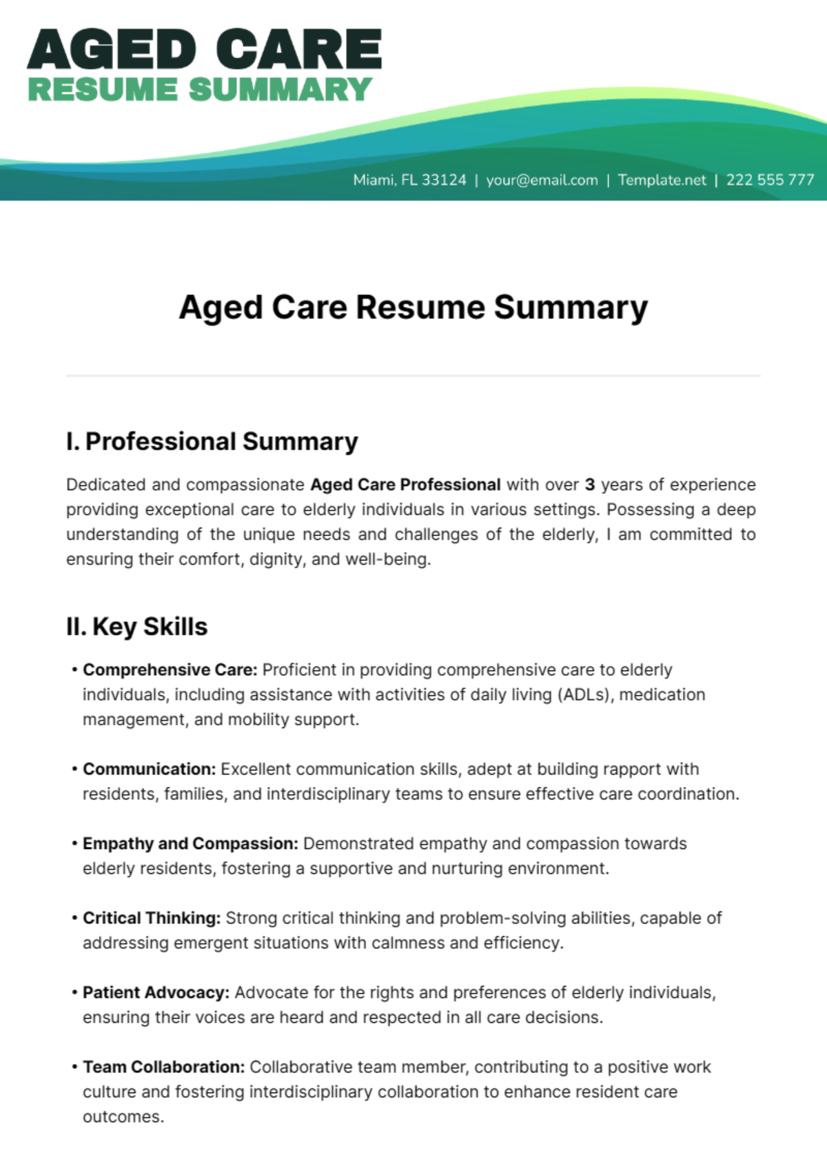 Aged Care Resume Summary Template