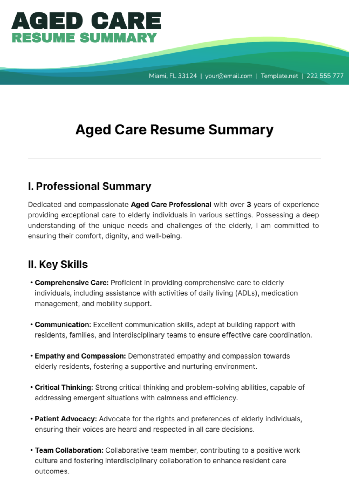 Free Aged Care Resume Summary Template - Edit Online & Download ...