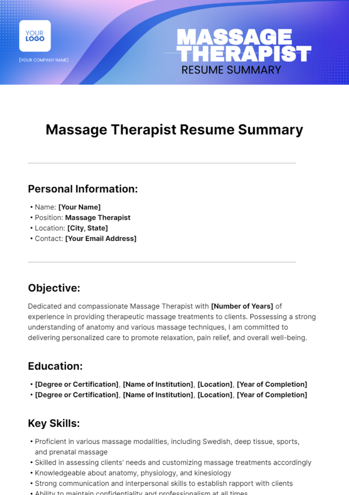 Massage Therapist Resume Summary Template