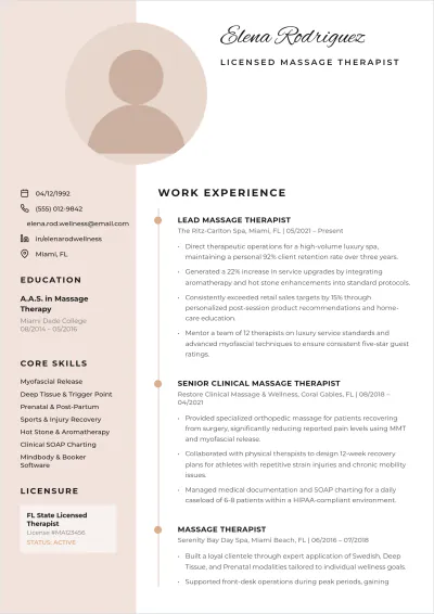 Free Massage Therapist ATS Resume Summary Template, AI Resume Builder