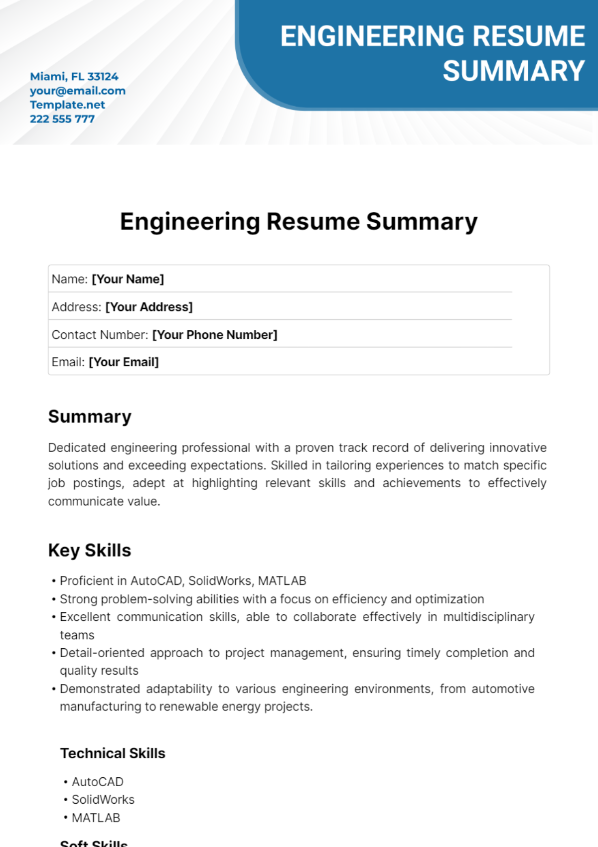 Engineering Resume Summary Template