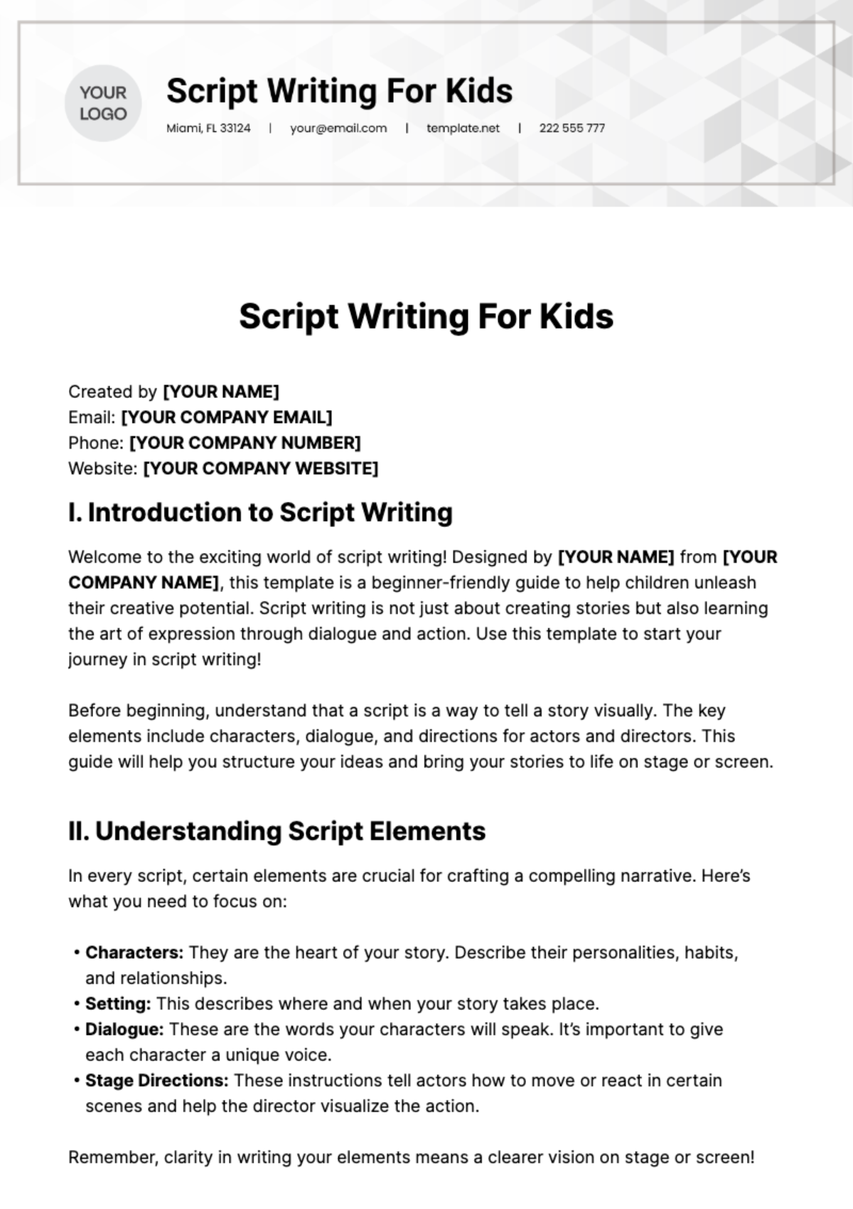 Script Writing For Kids Template