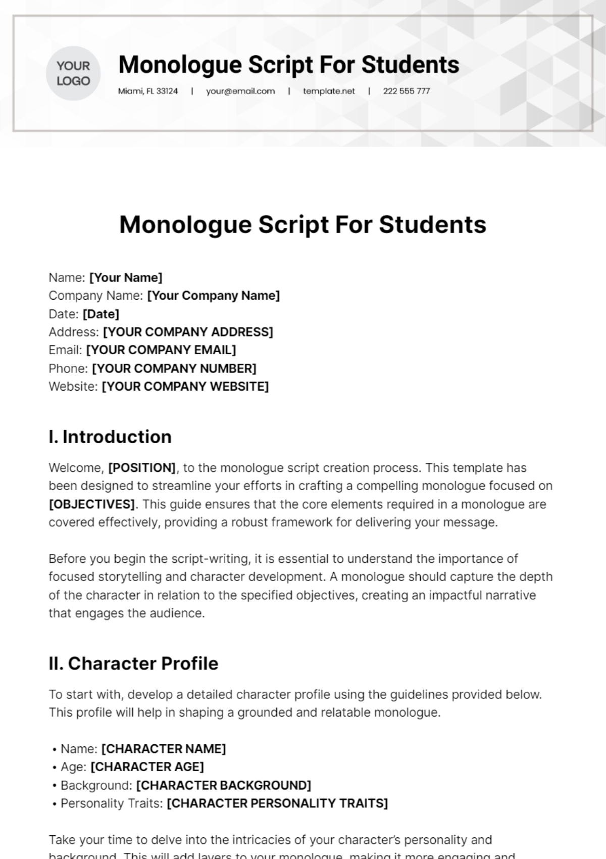 Monologue Script For Students Template