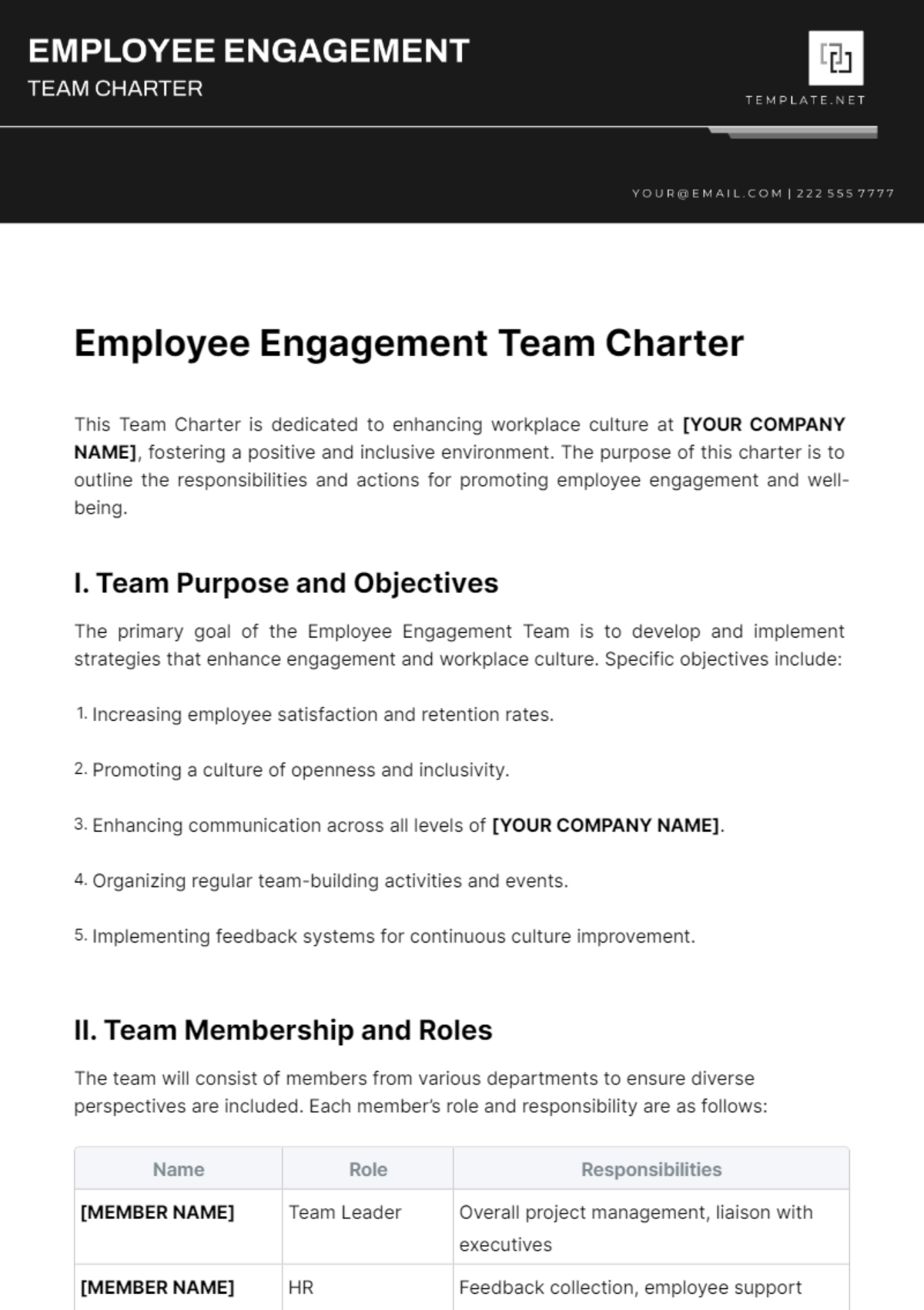 Employee Engagement Team Charter Template