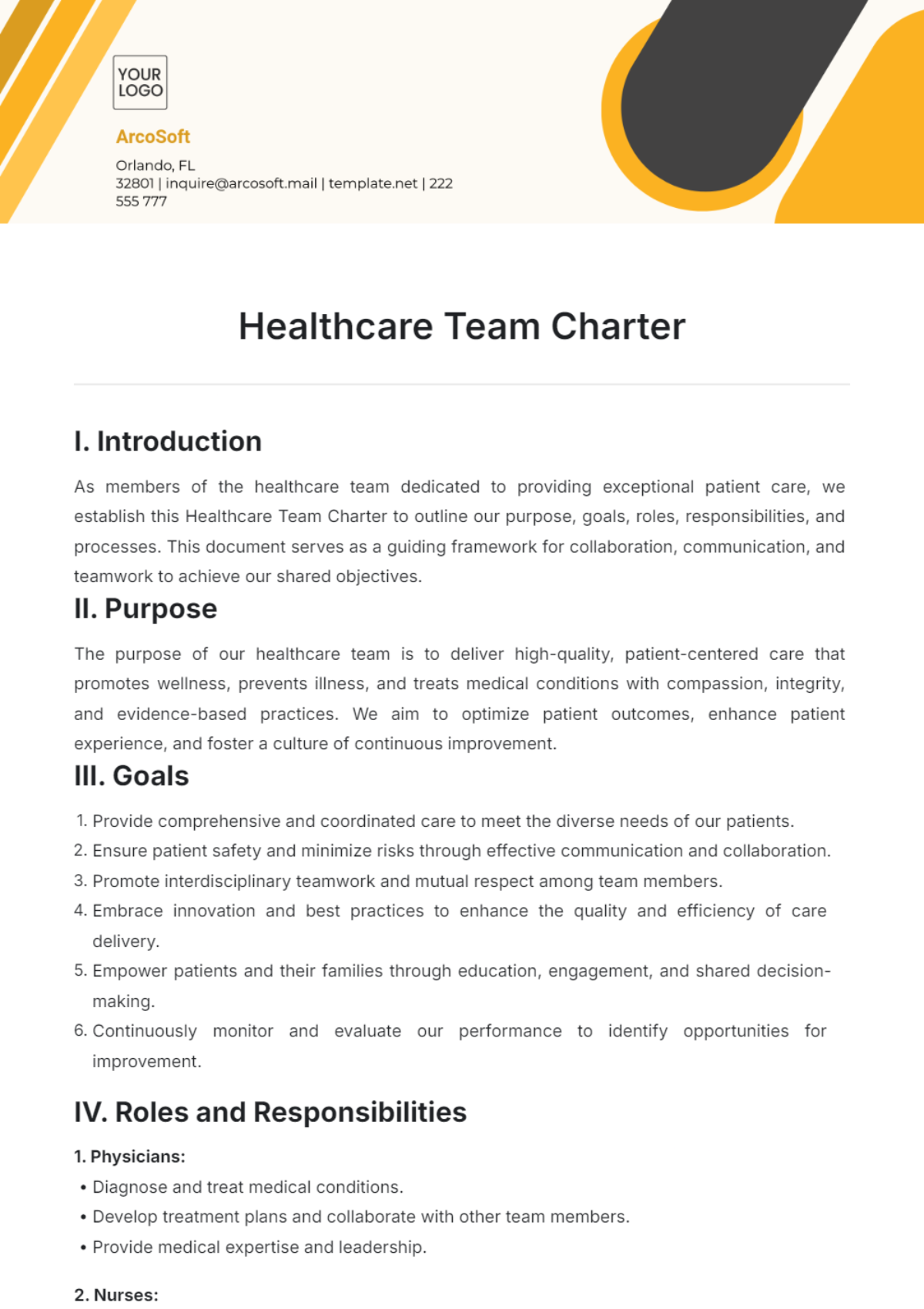 Healthcare Team Charter Template