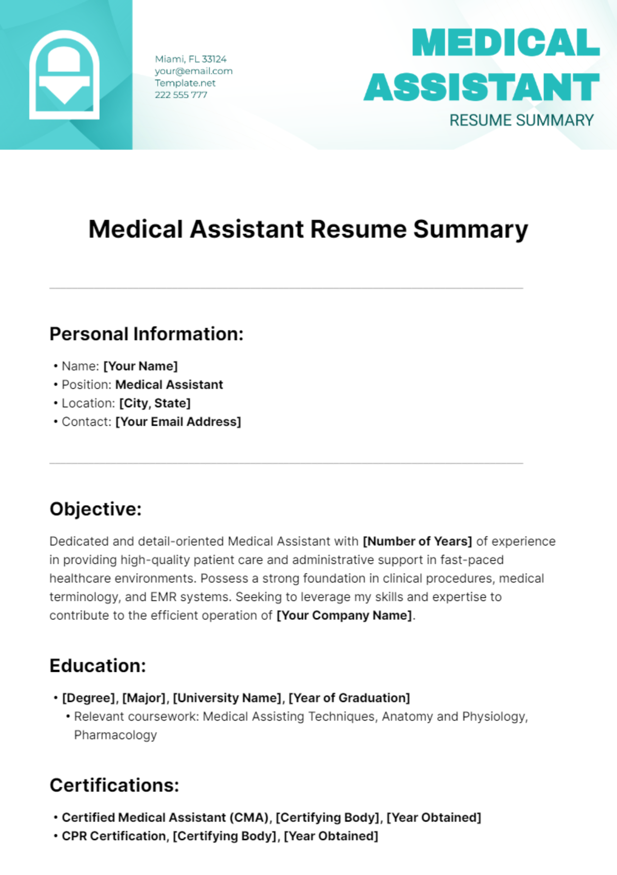 Medical Assistant Resume Summary Template