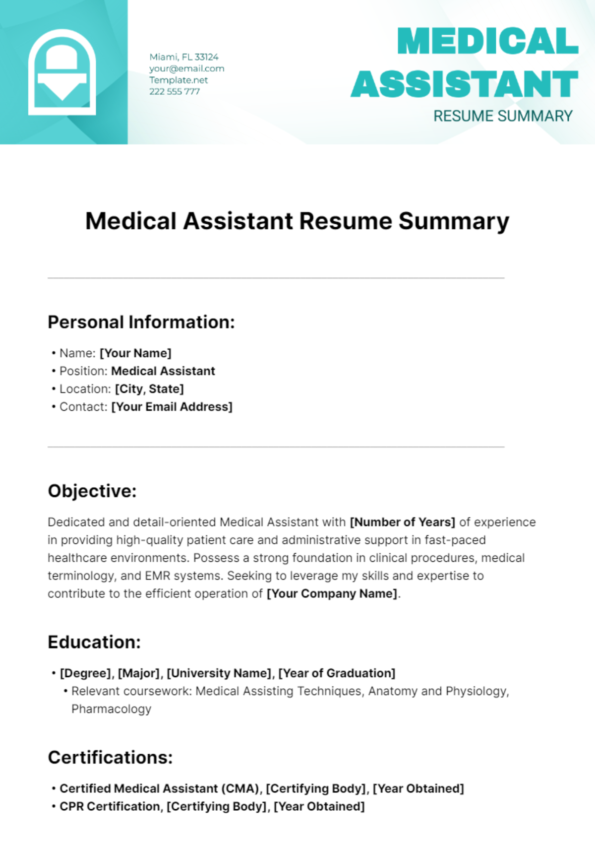 Medical Assistant Resume Summary Template - Edit Online & Download