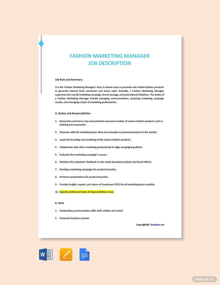 Fashion Marketing Manager Job Ad and Description Template