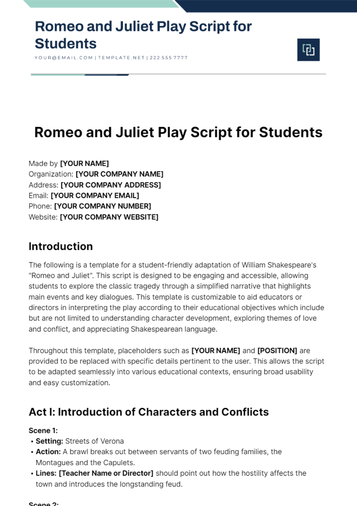 Romeo And Juliet Play Script For Students Template