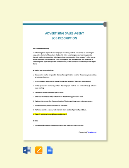 Free Advertising Sales Agent Job Description Template Word Doc Google Docs