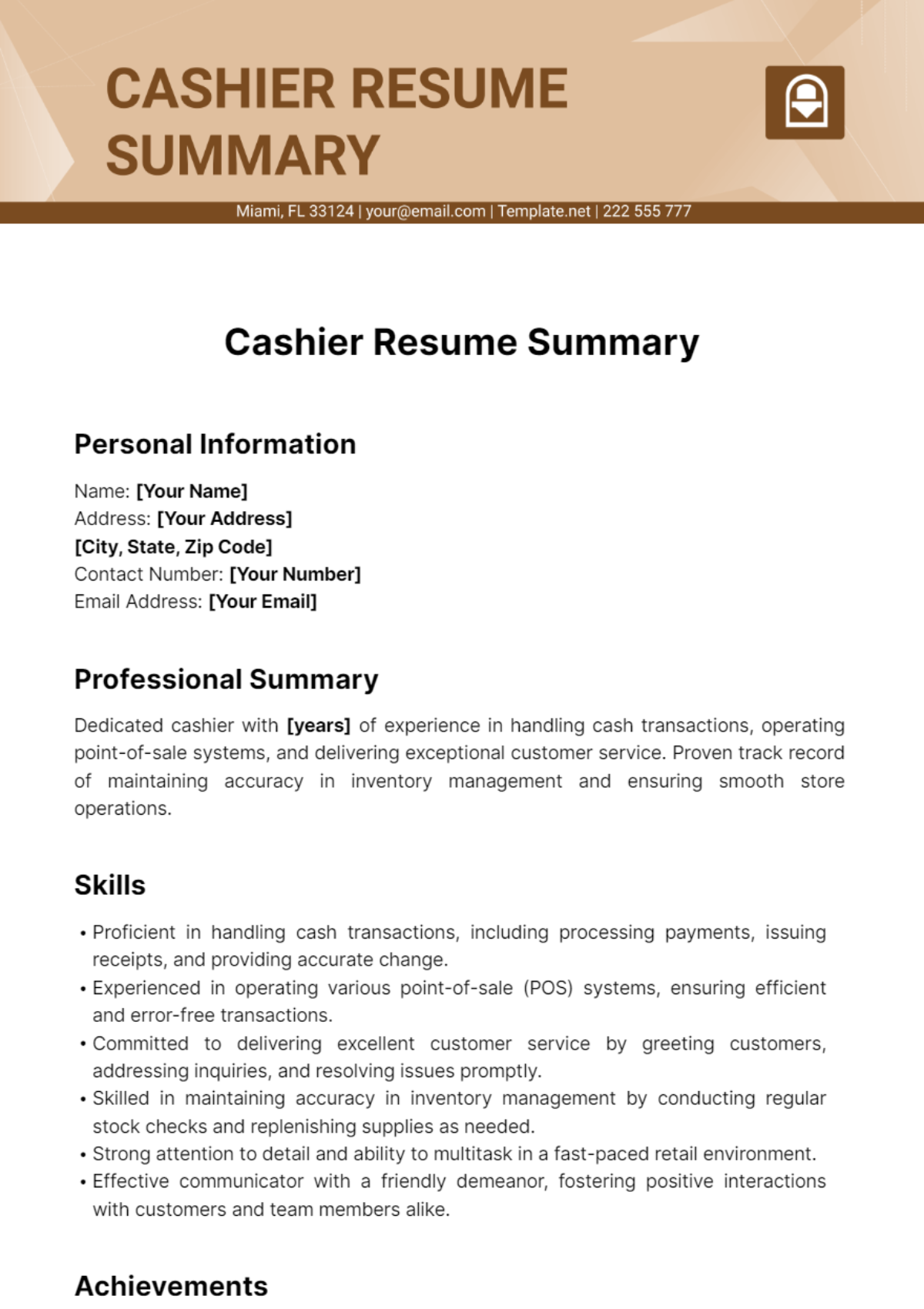 Cashier Resume Summary Template
