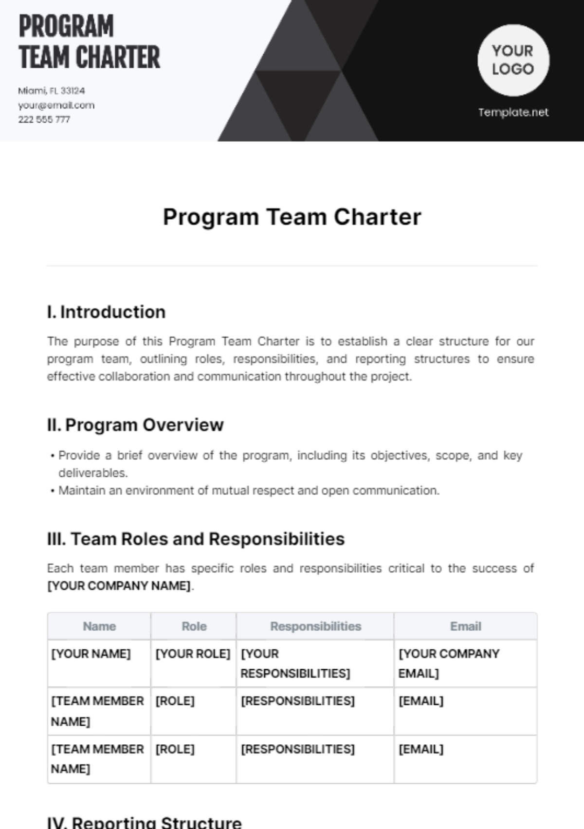 Free Program Team Charter Template