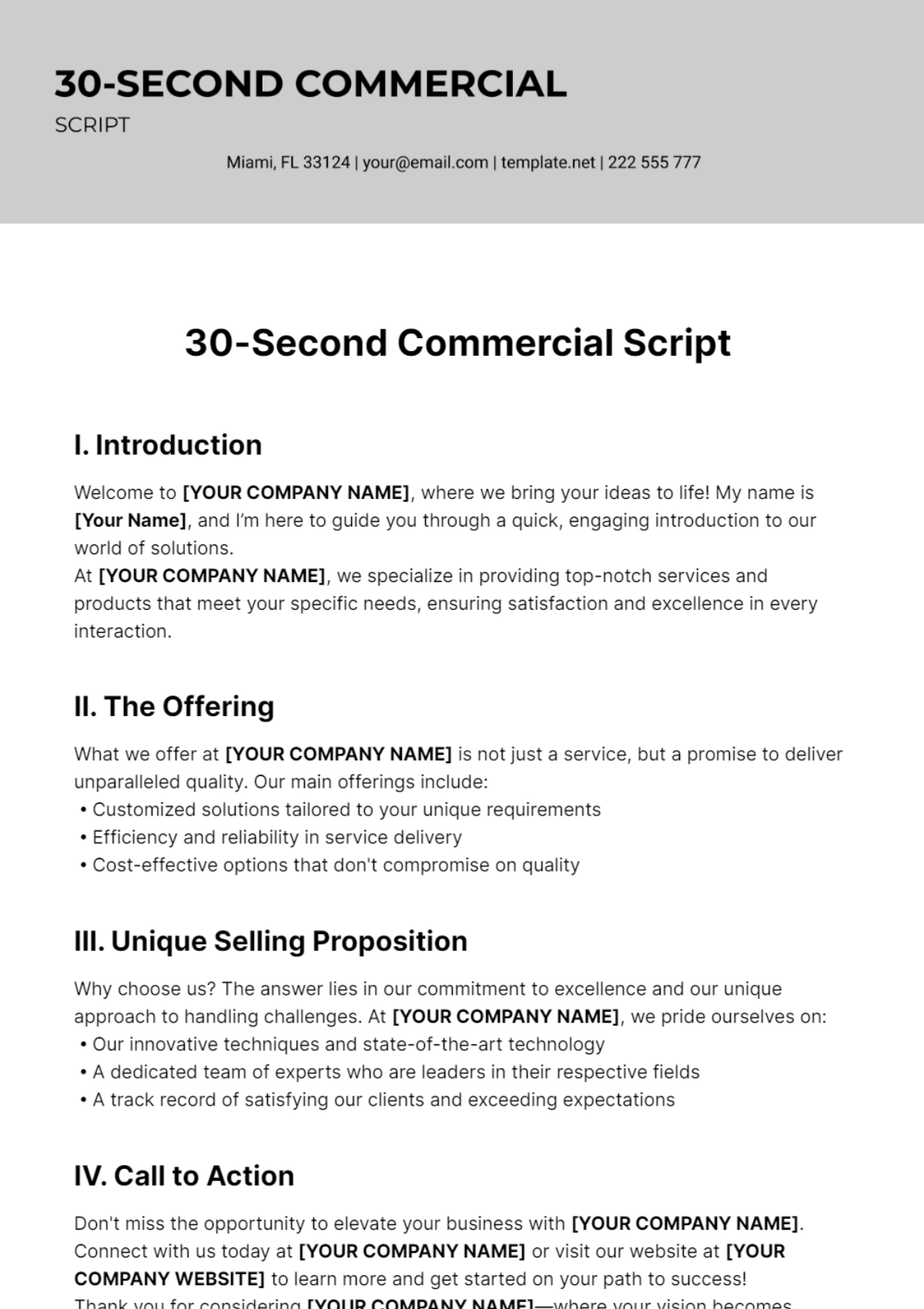30-Second Commercial Script Template
