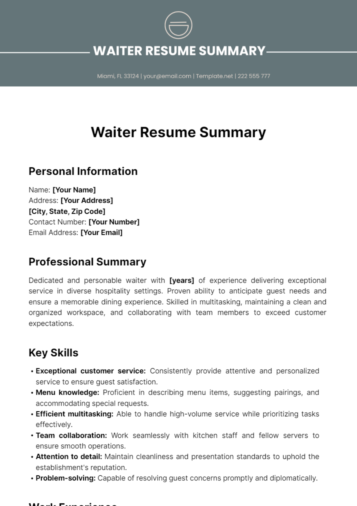 Waiter Resume Summary Template