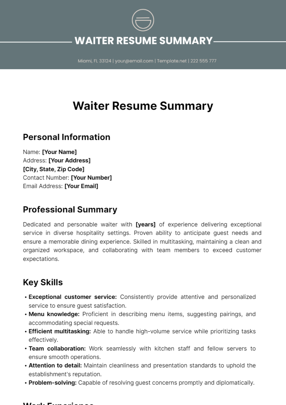 Waiter Resume Summary Template - Edit Online & Download