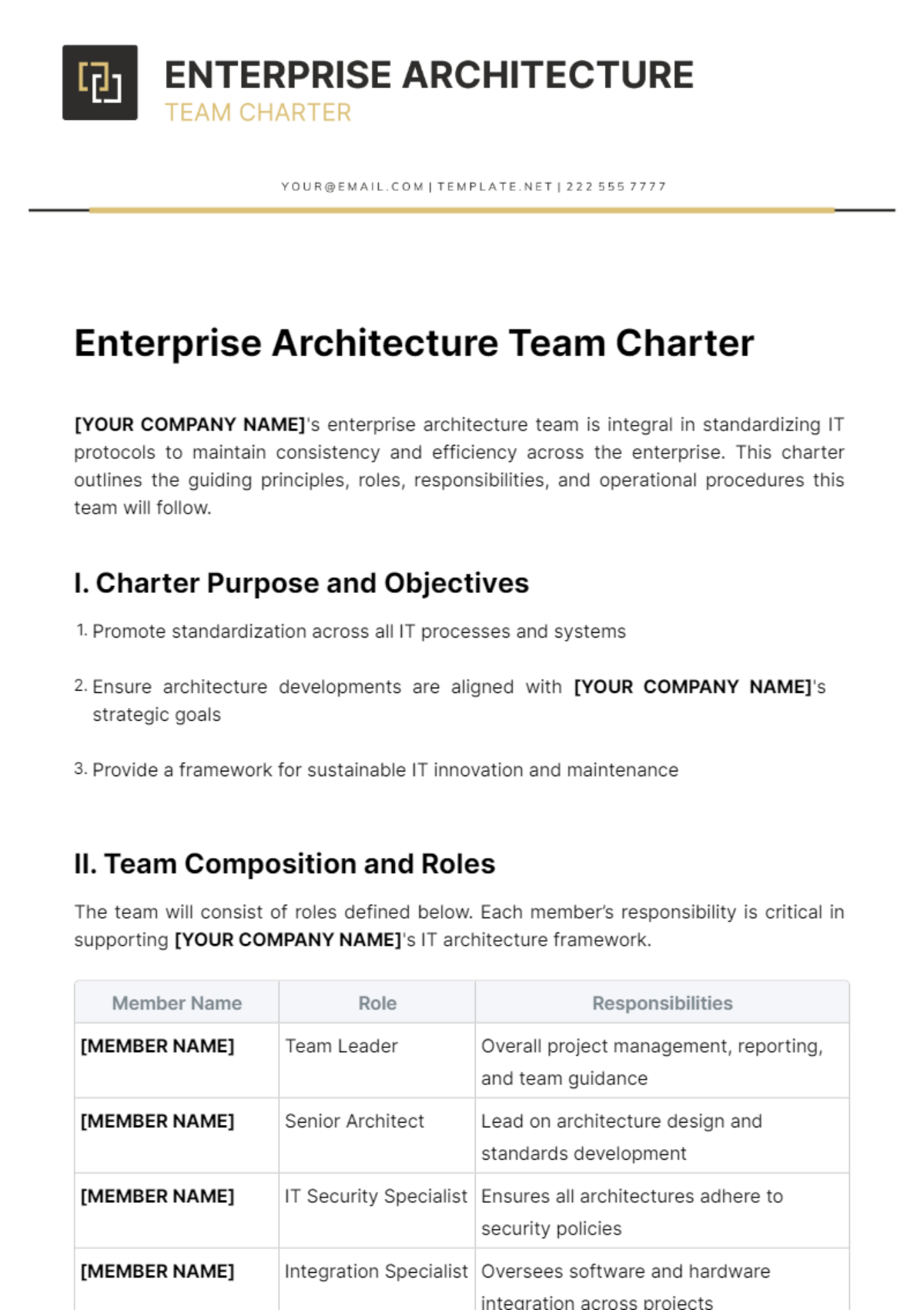 Free Enterprise Architecture Team Charter Template