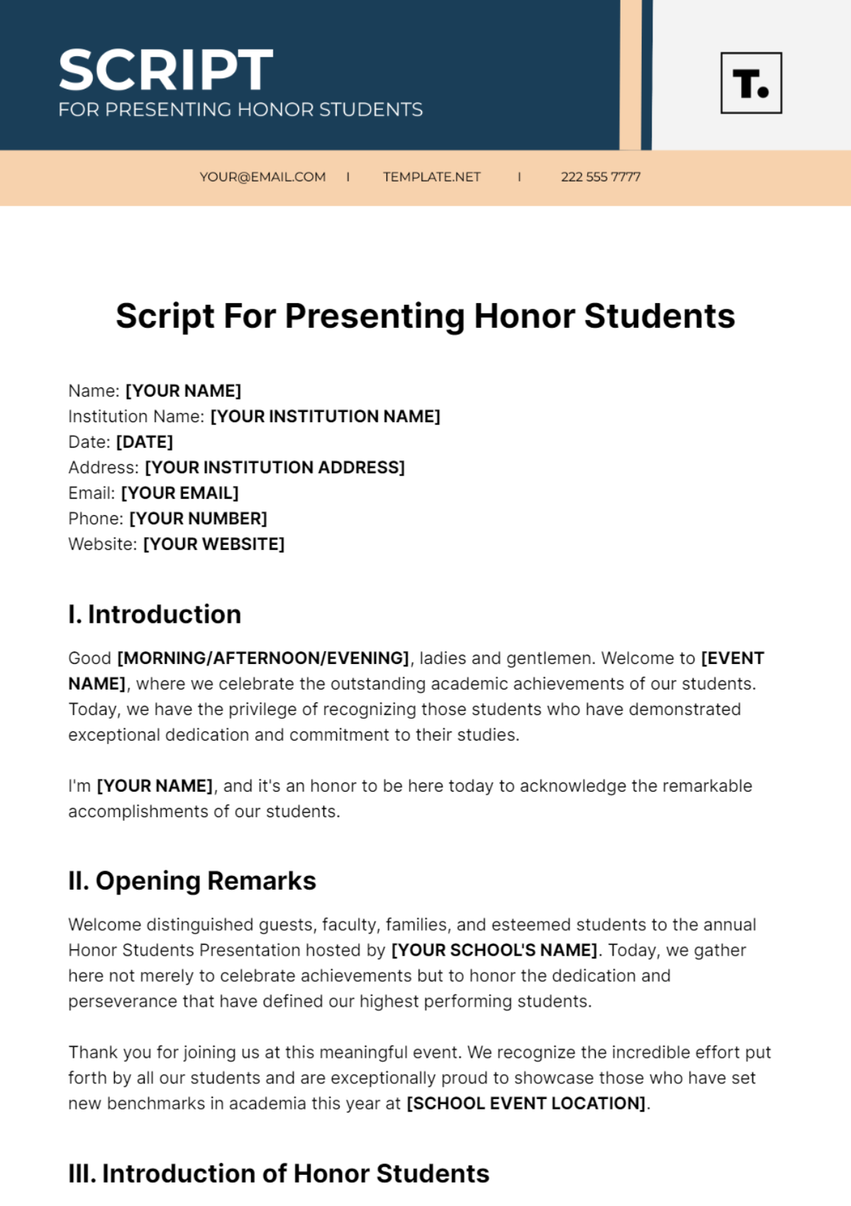 Script For Presenting Honor Students Template