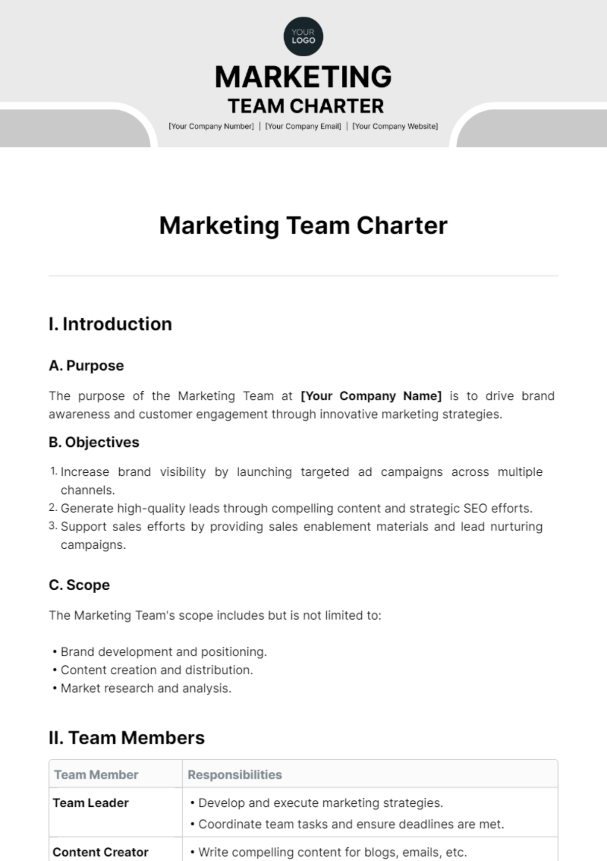 Free Marketing Team Charter Template
