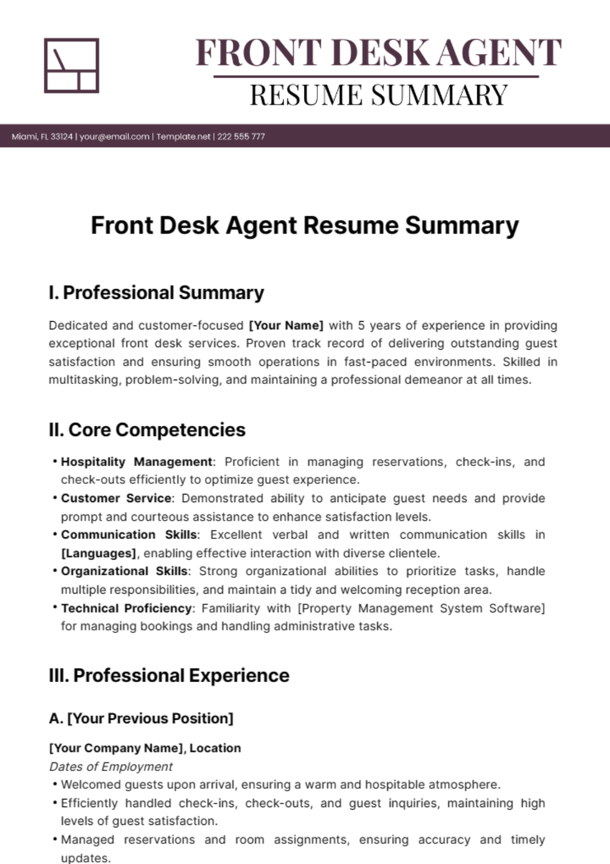 Free Front Desk Agent Resume Summary Template