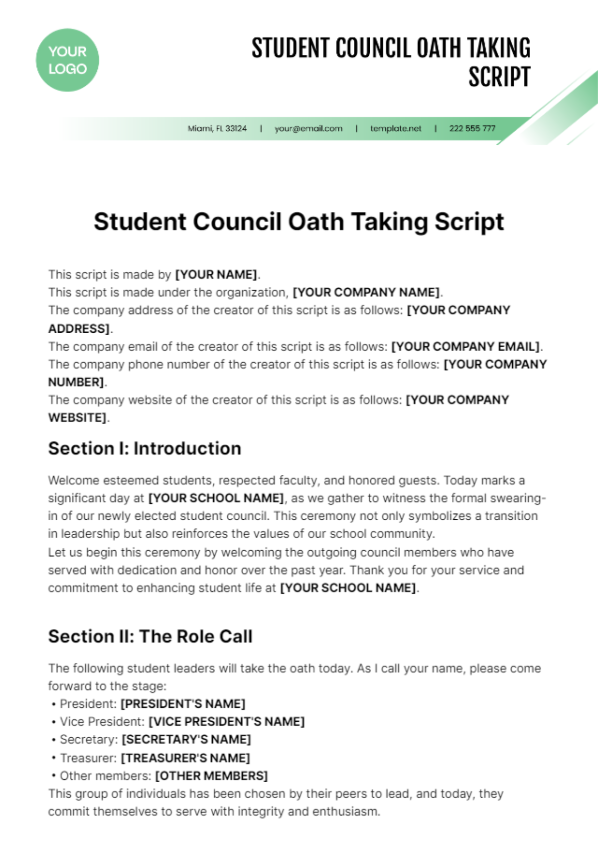 Student Council Oath Taking Script Template