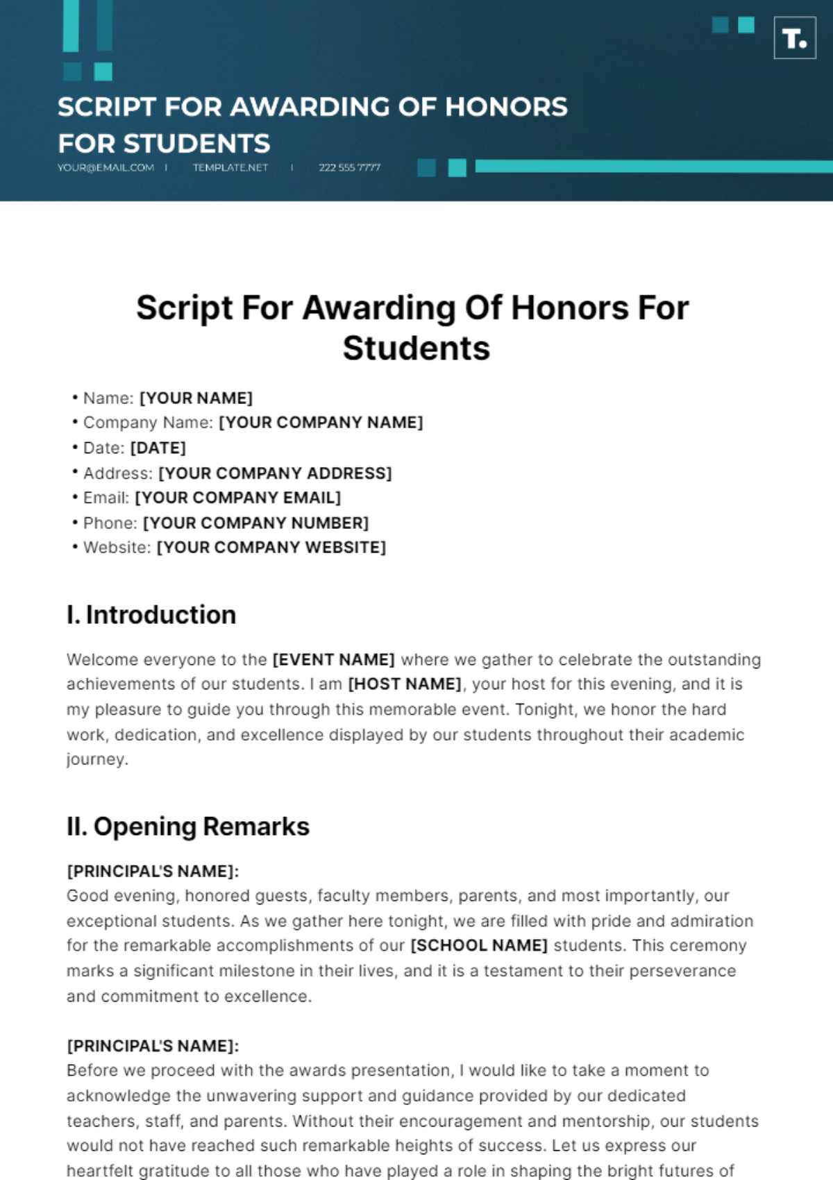 Script For Awarding Of Honors For Students Template