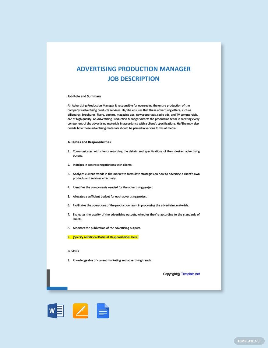 Advertising Production Manager Job Description Template