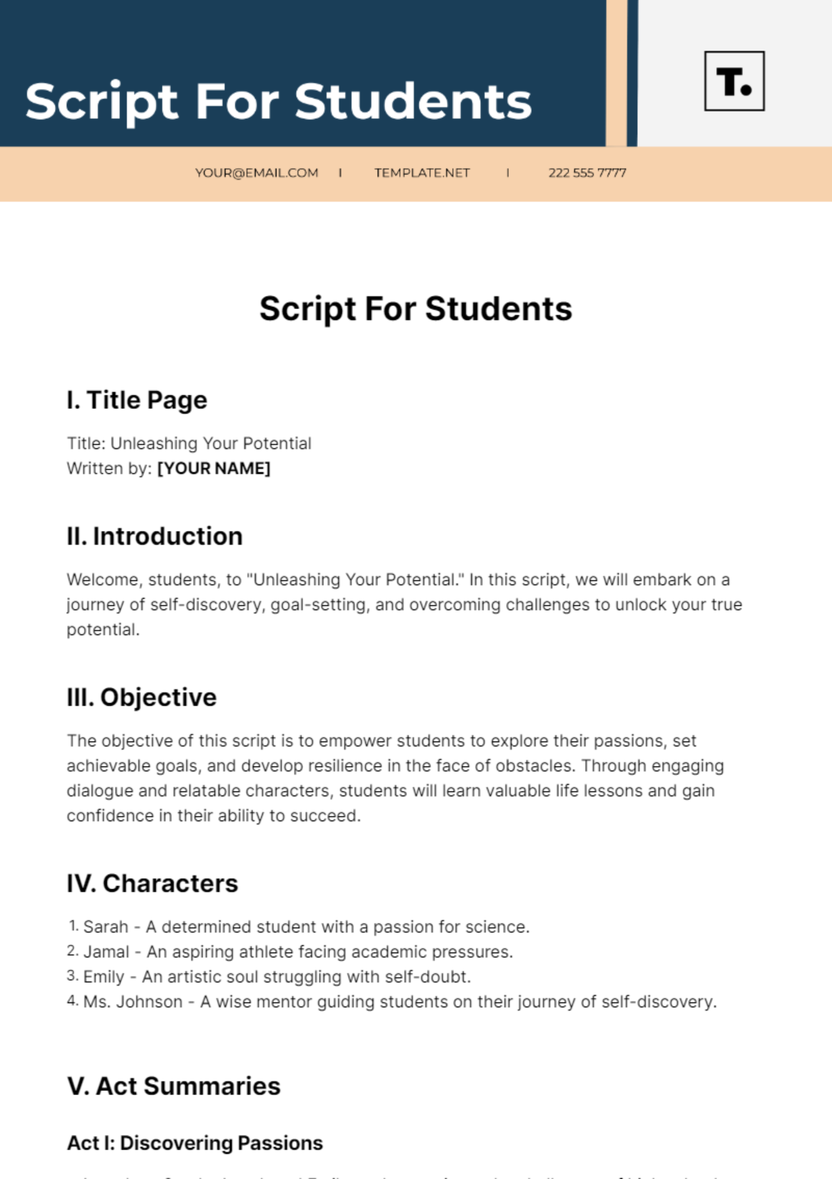 Script For Students Template