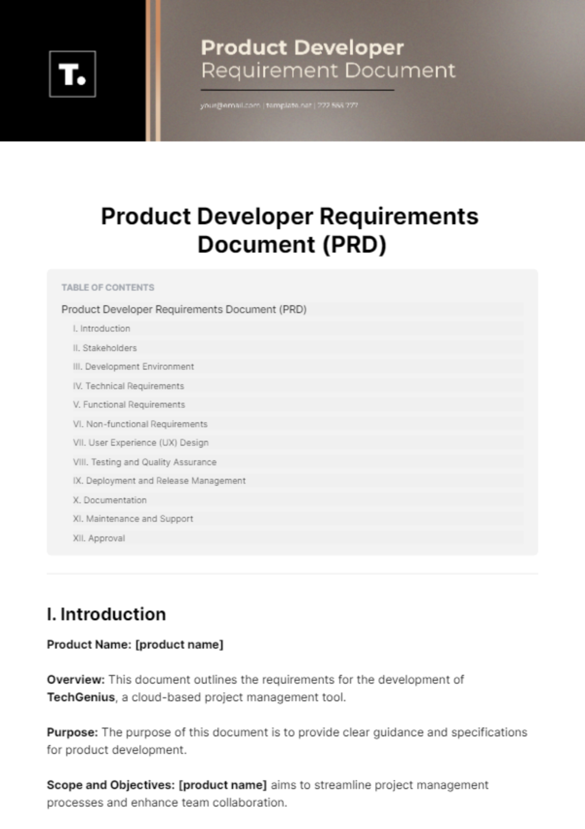 Free Product Developer Requirements Document Template