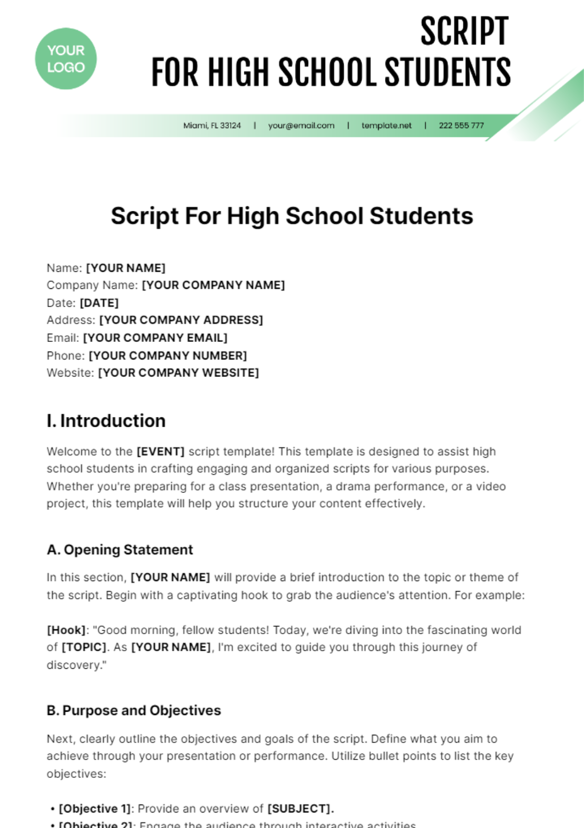 Script For High School Students Template