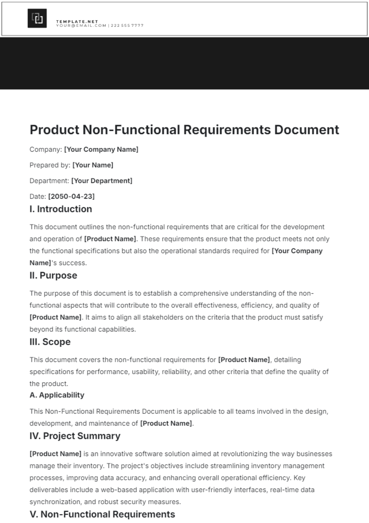 Product Non Functional Requirements Document Template