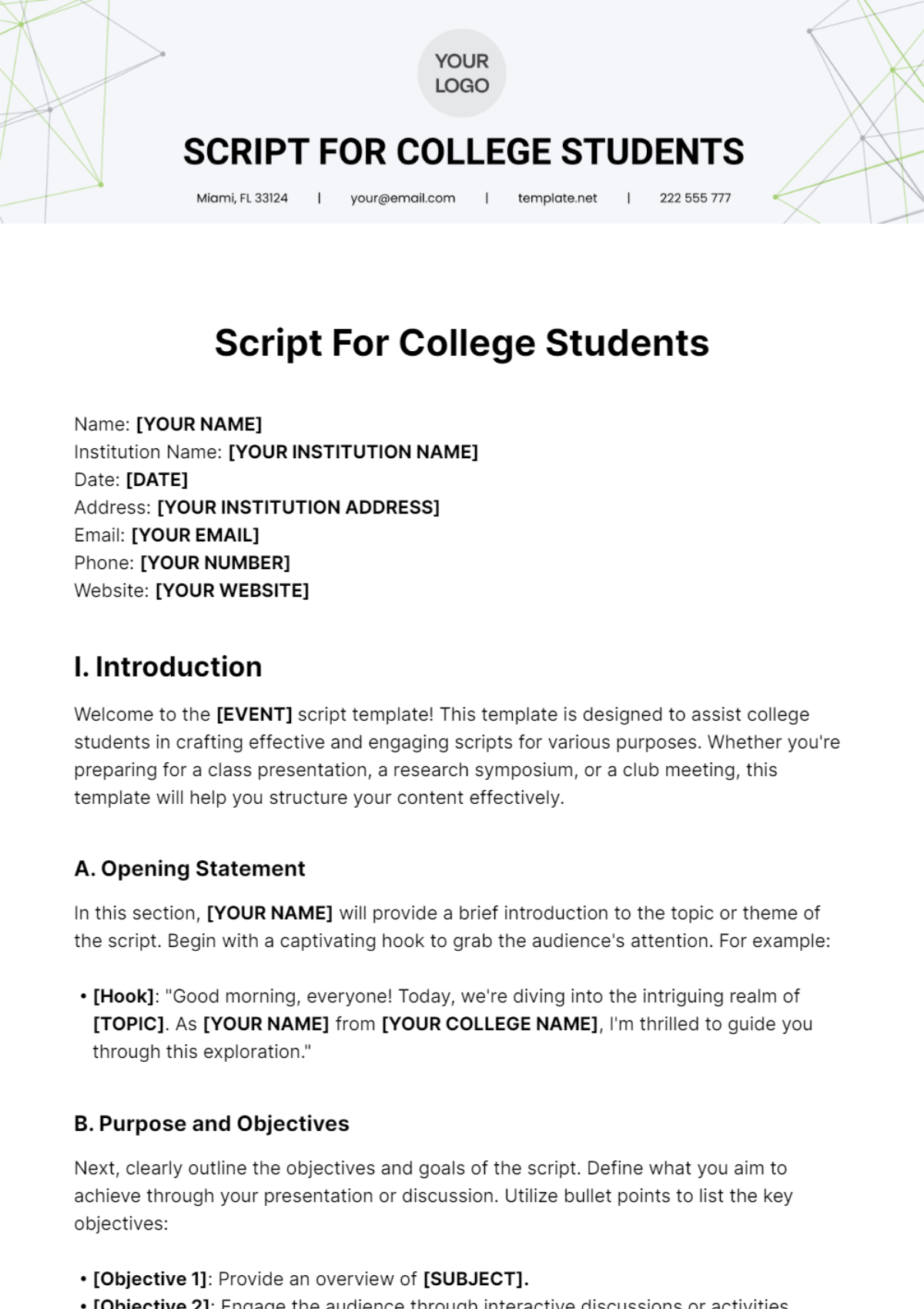 Script For College Students Template